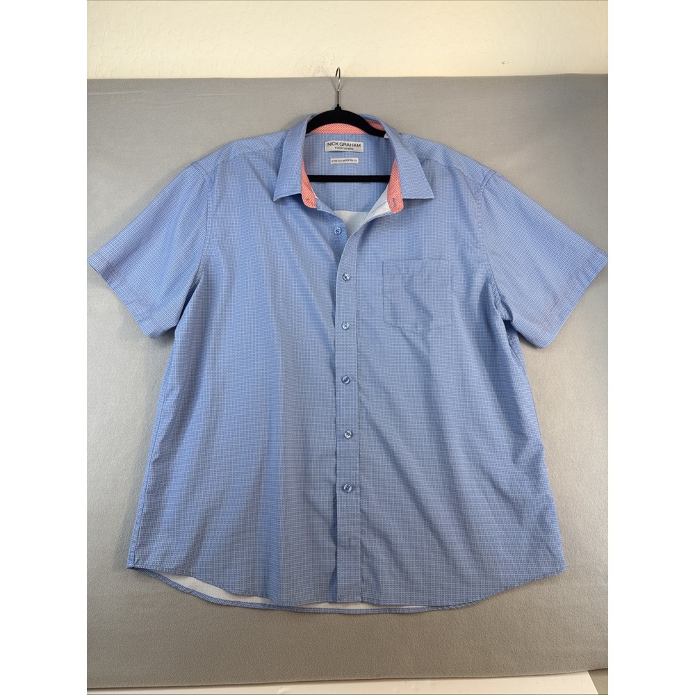Nick Graham Men's Button Down Shirt Size 2XL Shortsleeve, Light Blue Pattern